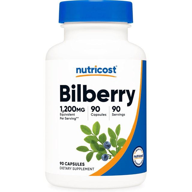 nutricost bilberry | 1200 mg equivalent per serving ** | 90 capsules | 90 servings Frasco blanco con tapa azul, etiqueta con logo Nutricost y texto grande "Bilberry 1,200MG 90 Capsules 90 Servings", ilustración de ramas con arándanos y banda azul y naranja; suplemento con extracto de arándano, ayuda a la mejora de visión, a menudo usado como complemento diario para apoyar la salud ocular.