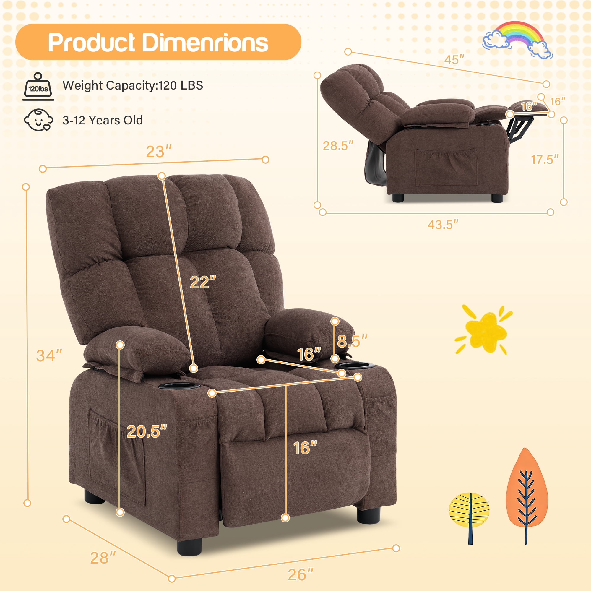 JONPONY Kids Recliner Chair,Push Back Toddler Recliner with Cup Holders & Side Pockets，Adjustable Footrest & Headrest Kids Sofa for Boys Girls 3+ Age Group，Children's Bedroom Furniture ，Brown