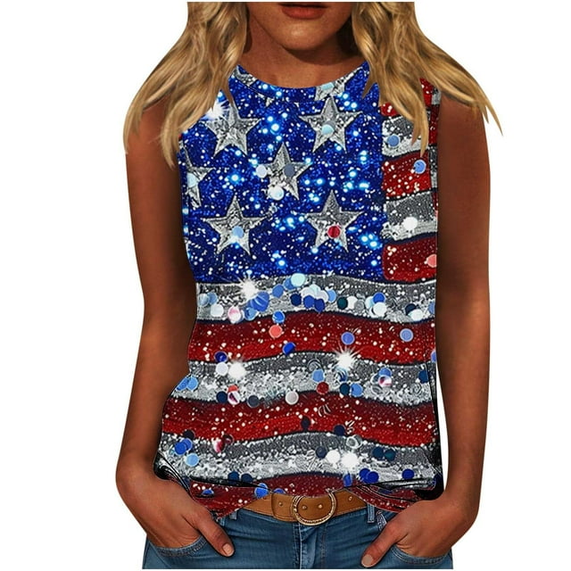 Gilet Sans Manches à Col Rond pour Femmes pour la Fête de l'Indépendance, Haut Décontracté en Polyester, Tissu Doux et Confortable, pour l'Été et le Printemps, Longueur Régulière, pour un Usage Quotidien Ou pour les Fêtes