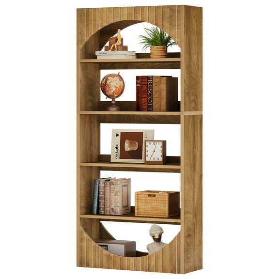 Tribesigns 5-Tier Tall Bookshelf, 70.8-Inch Farmhouse Wooden Bookcase with Fluted Arched Top and Back Baffle for Living Room, Home Office