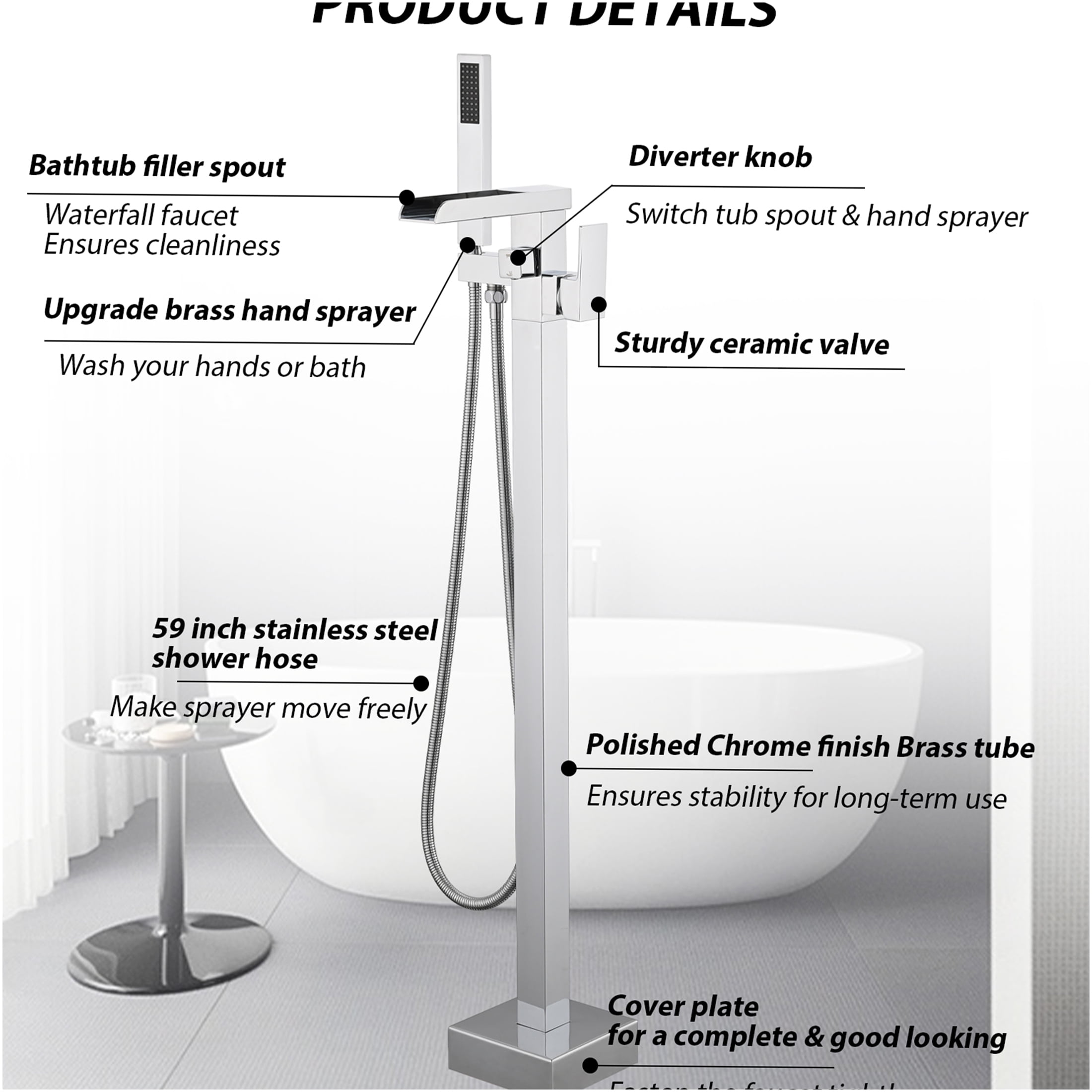 JERFIT Floor Mounted Freestanding Bathtub Faucet Set with Hand Shower, Chrome Waterfall Tub Filler, Single Handle Stainless Steel Floor Mount Faucet
