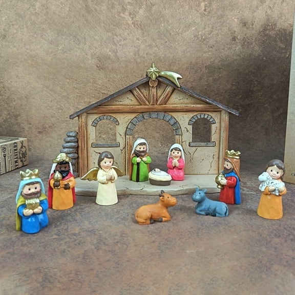 Mini Christmas Nativity Set with Easter Resurrection Scene Decor - Hand Painted Little People Nativity Figurines,Christian Religious Tabletop Ornaments, Indoor Miniature Manger Decor for Holiday Gift