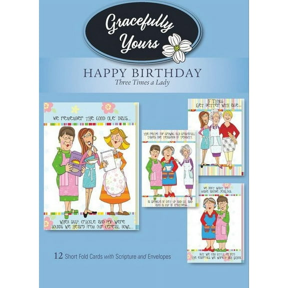 Gracefully Yours Church Kitchen Ladies 3 Times a Lady Birthday Greeting Cards featuring Marylou Herald, 12, 4 designs/3 each with Scripture Message