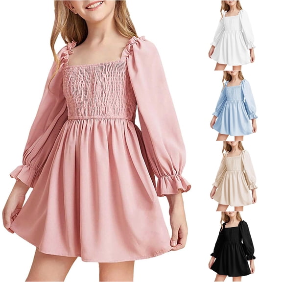 Girls Lantern Long Sleeve Dress Kids Summer Fall Square Neck A-Line Pink Dresses Halloween Party Festive Dresses 10-11 Years