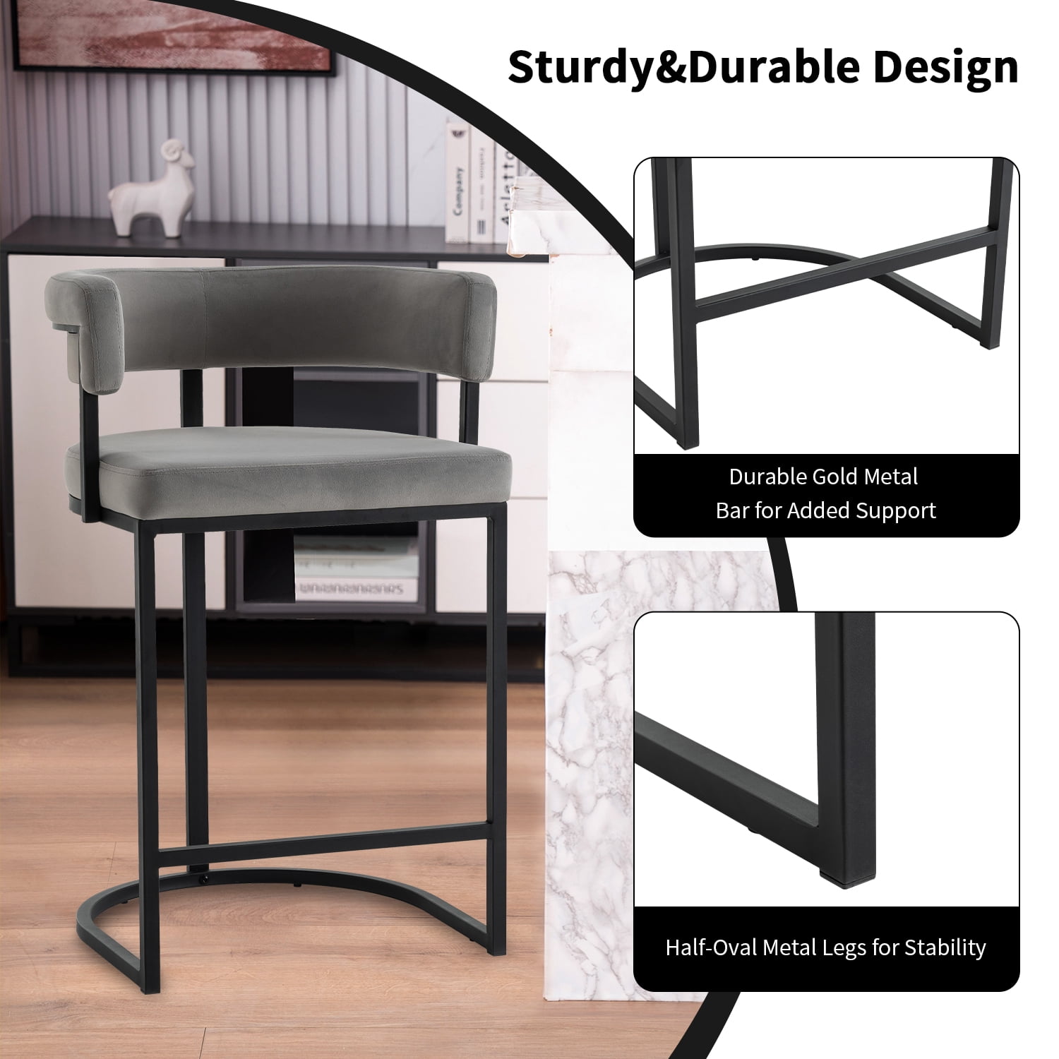 Rongbuk Set of 2 Modern Velvet Bar Stools with Barrel Backrest, 25.6 inch Velvet Counter Height Stool, Sherpa Upholstered Kitchen Island Chair, Ideal for Counters, Home Bars and Kitchen Islands