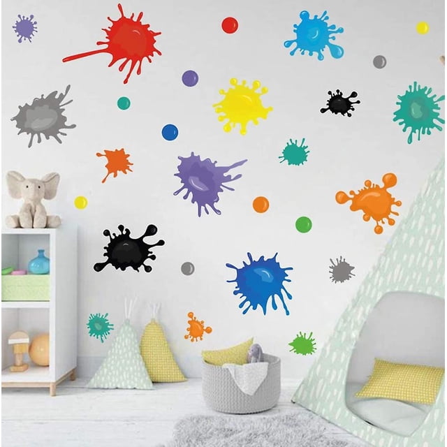 Calcomanía de pared con salpicaduras de pintura multicolor, pegatina de pared con salpicaduras y manchas para decoración del aula de la guardería de la sala de arte, decoración de salpicaduras de