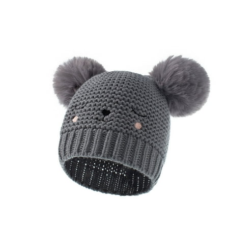 

YWDJ 0-3Years Toddler Warm Knitted Hat - Winter Kids Solid Color Double Ball Hair Ball Embroidery Kids Knitted Hat Gray