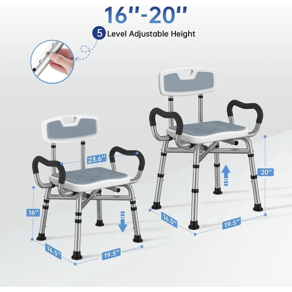Adjustable Shower Chair with Arms & Back, Heavy Duty 550lbs Safety Seat