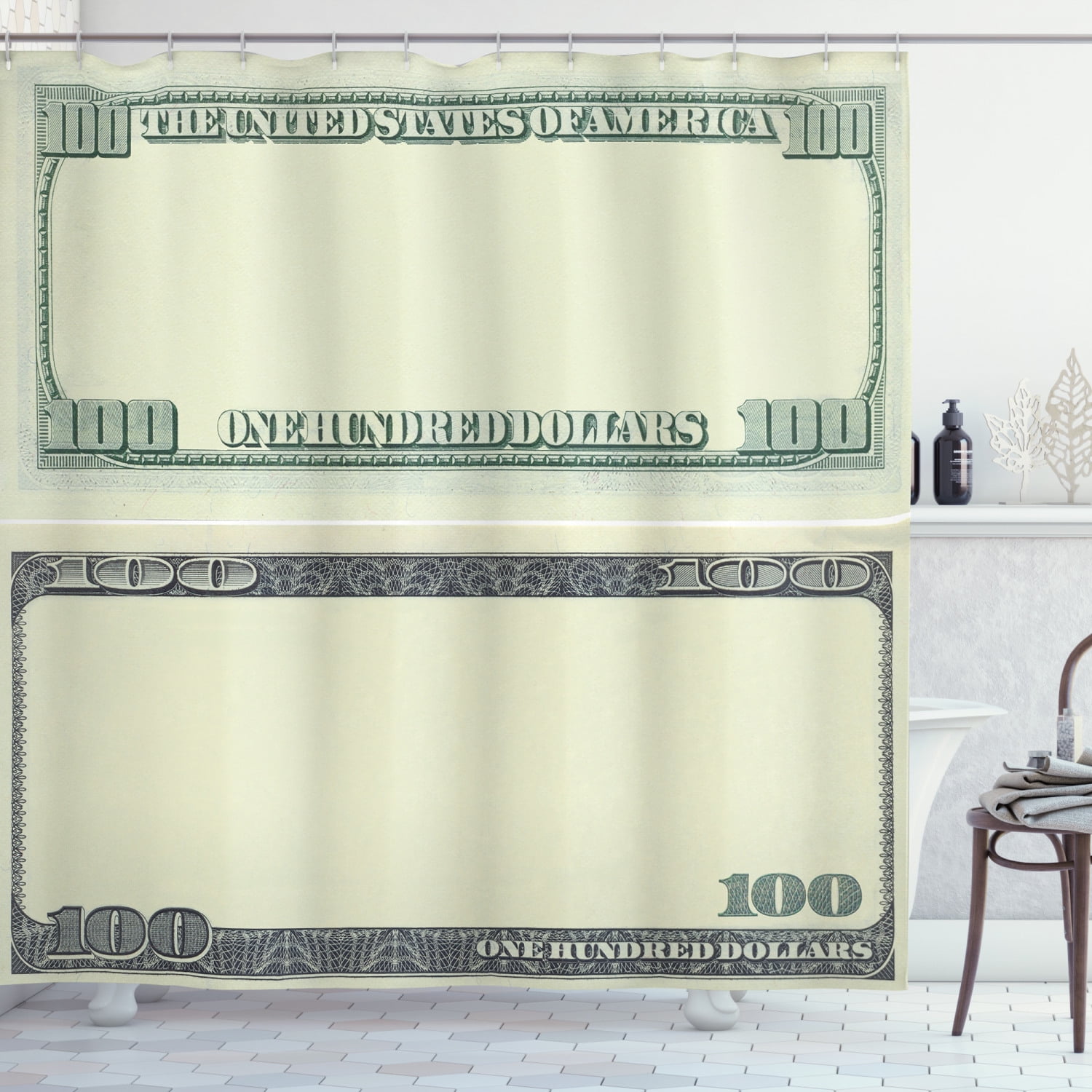 Money Shower Curtain, Hundred Dollar Bill Century Note Design American