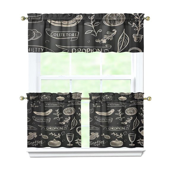 Kitchen Food Cooking Chef Kitchen Curtains and Valances Set - 3 Piece Kitchen Curtains Sets with Valance for Windows Rod Pocket Machine Washable Kitchen Decor Decorations (54"x18" 2x27.5"x24")