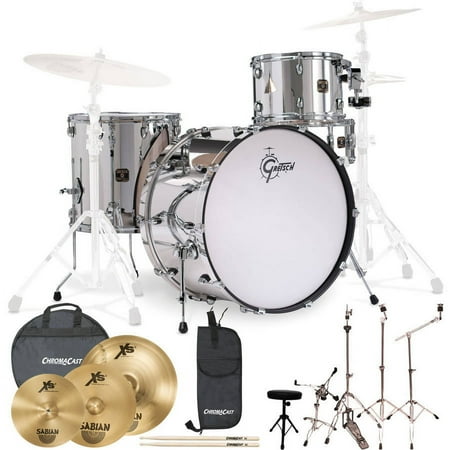 Gretsch Drums Rock Catalina Club 4 Piece Drum Shell Pro Pack with Sabian Performer Cymbal Set, ChromaCast Hardware and ChromaCast Accessories, Mirror Chrome (Box 3 of 3)