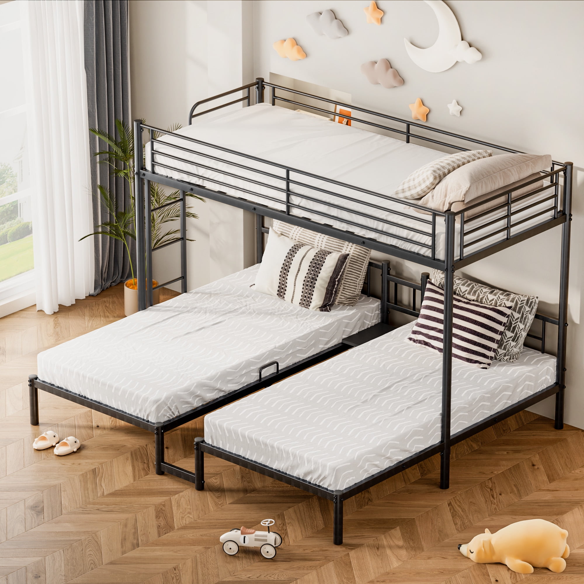 Leumius Metal Triple Bunk Bed Twin XL Over Twin Over Twin,Heavy Duty Triple Bunk Bed Frame for 3 Kids/Teens,Metal Bunk Bed Frame w/Under-bed Storage, No Box Spring Needed,Black