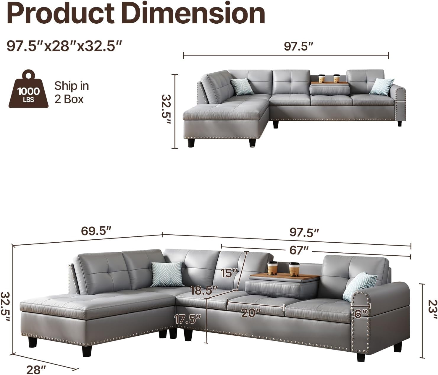 AENKYO 98" L-Shaped Upholstered Sectional Sofa Couch with Storage & Cup Holders, Faux Leather Living Room Sofa Set, Gray