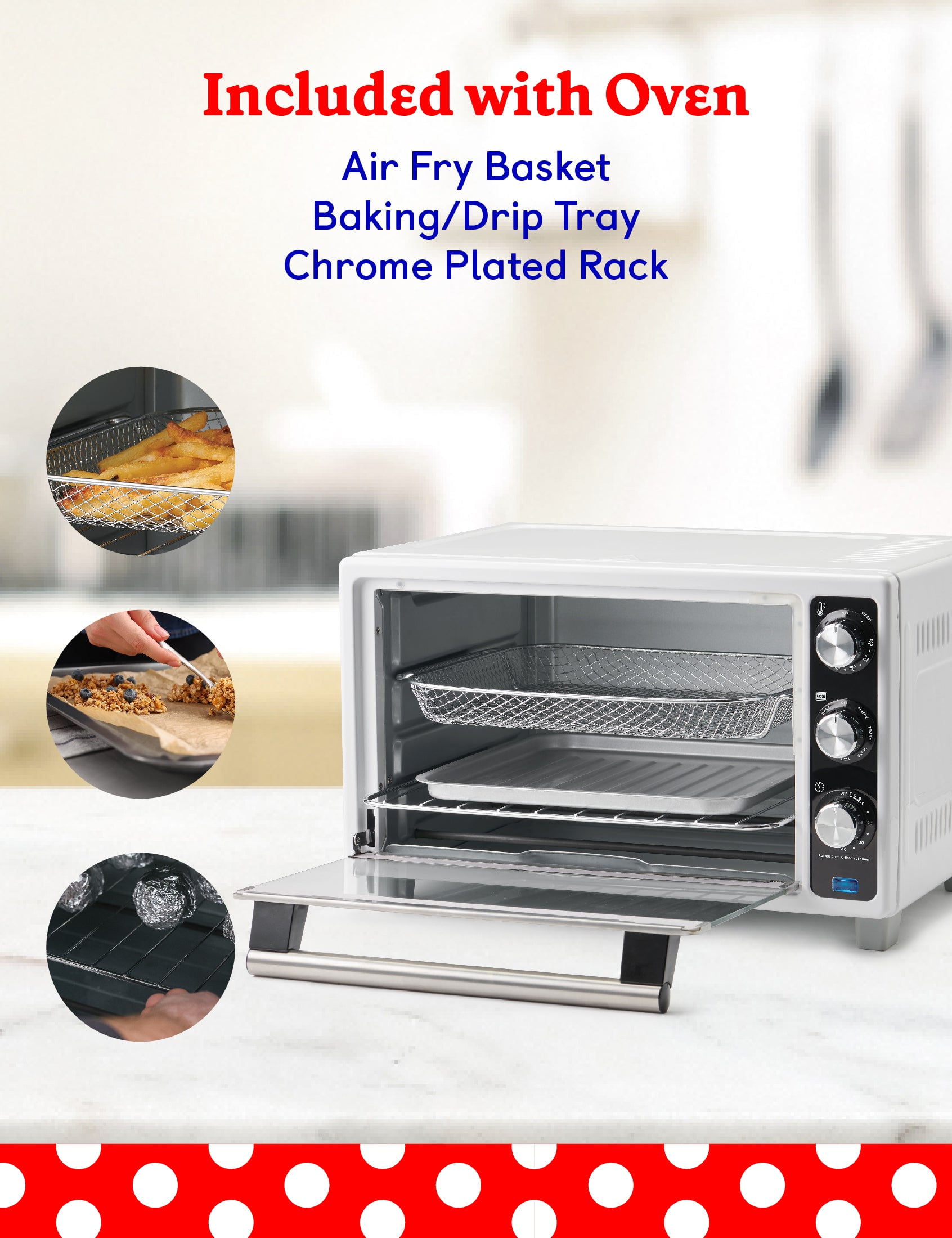 Betty Crocker Air Fryer Convection Toaster Oven, 0.7 Cu. Ft. 22-Liter Capacity, 7 Function Convection Oven with Pizza, Bagel, Roast, Bake & Keep Warm Settings, 1500 Watts, BC-4637W, White