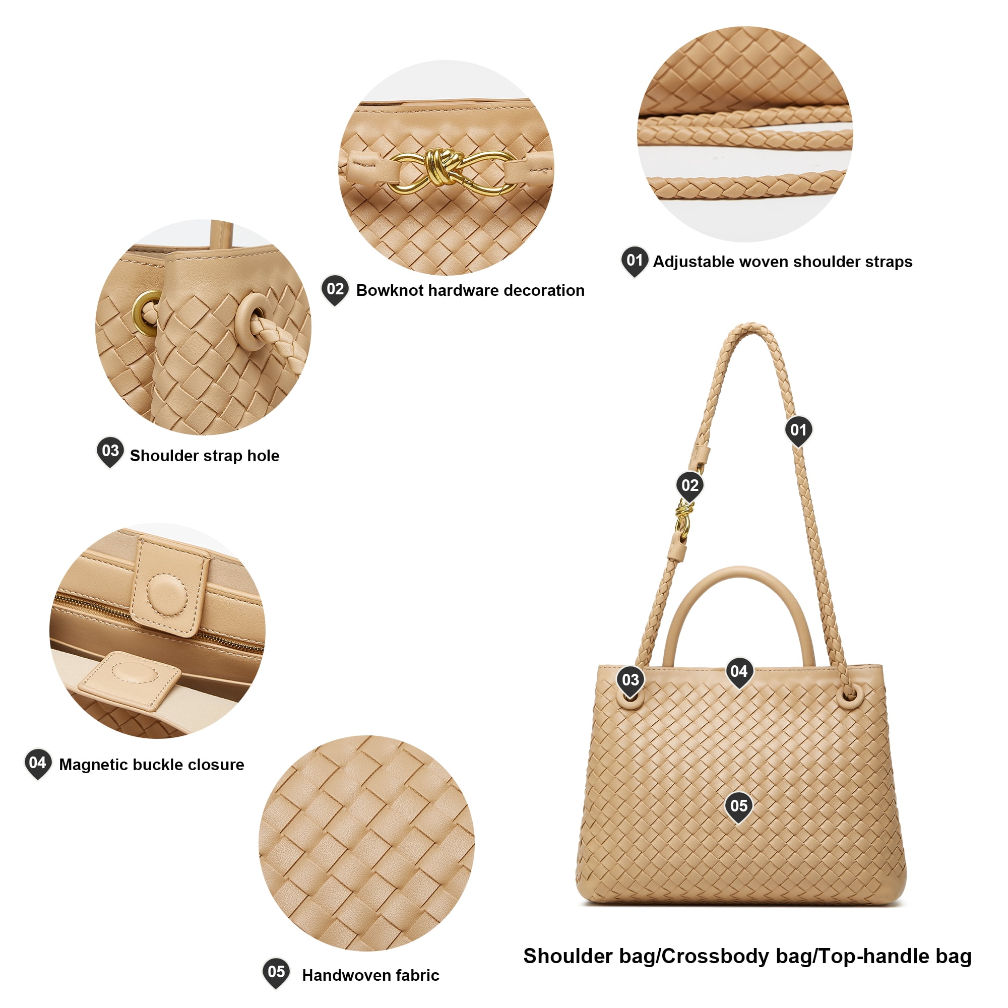 Woven Bags for Women Crossbody Handbag: Vegan Leather Small Tote Purse - Trendy Shoulder Handbags and Purses - Bowknot Satchel Purses (Apricot)