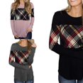 thumbnail image 2 of Femmes à Carreaux Manches Longues Col Rond Tops Femmes Chemise en Vrac Style Col Rond Manches Longues T-shirt Casual Pull Tops, 2 of 5