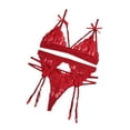 thumbnail image 4 of Conjunto de ropa interior de encaje floral de 3 piezas para mujer, sujetador sexy, bragas, liguero, rojo vino, M Kearding XX000052-14, 4 of 7