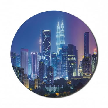 Landscape Mouse Pad for Computers, Modern Scenery Image with Kuala Lumpur Cityscape Skyscrapers Artwork Print, Round Non-Slip Thick Rubber Modern Gaming Mousepad, 8" Round, Multicolor, by Ambesonne