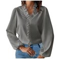 thumbnail image 2 of Dazajoo Women's Fall Long Sleeve Collar V Neck Ruffle Shirts Plus Size Solid Color Elegant Blouses Comfy Fashion Outfits,Gray,XXXXXL, 2 of 6