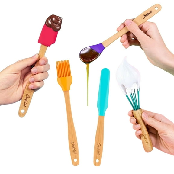 Chefclub Kids Cooking 5-Piece Utensils Set Heat Resistant Non Stick Silicone for Kids and Beginner Cooking, Kitchen & Cookware Gadgets - Cooking, Mixing, Whisking, Brushing