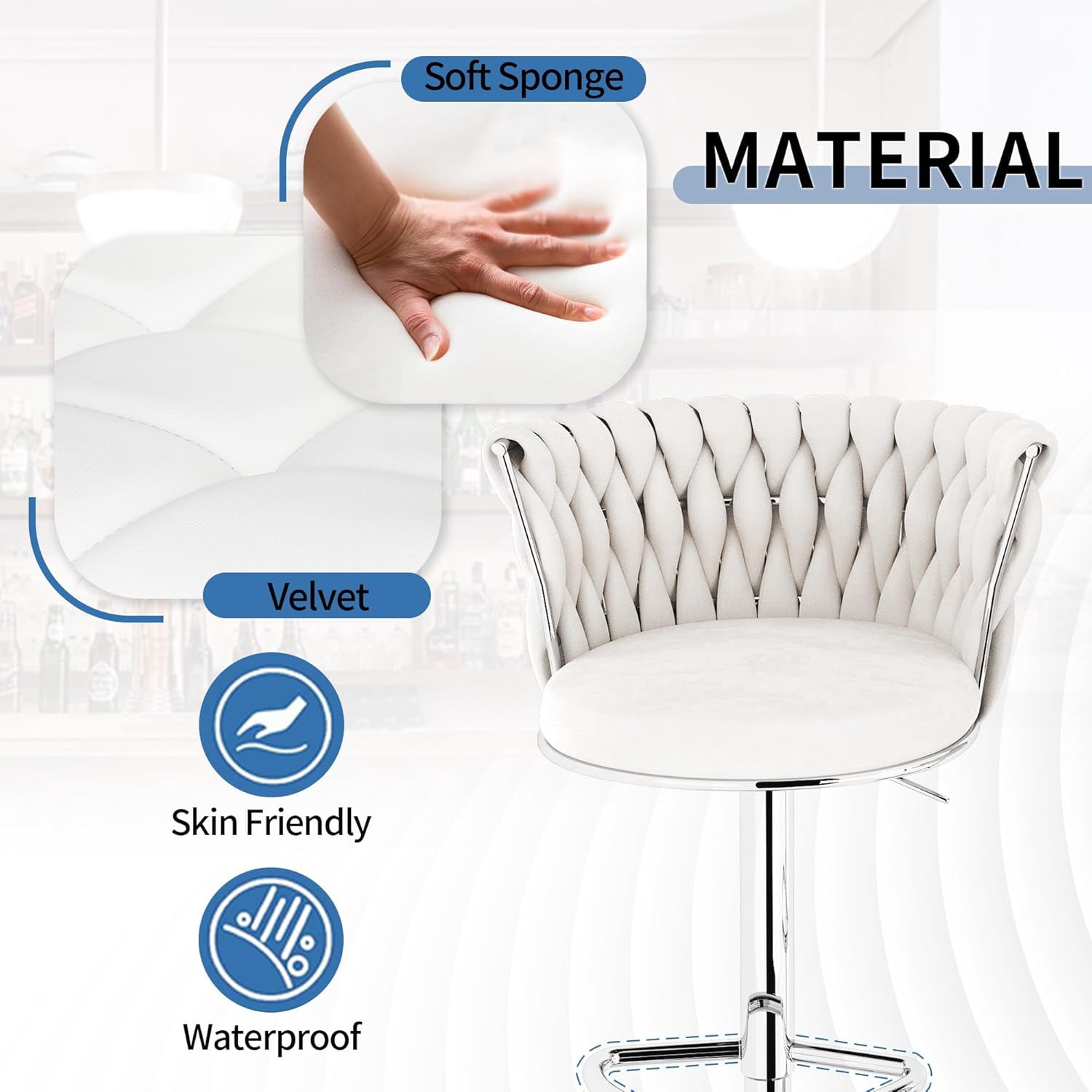 LinkRomat Velvet Bar Stools Set of 2,Swivel Counter Height Bar Stools with Backrest and Footrest,for Kitchen Island Dining Chairs,White