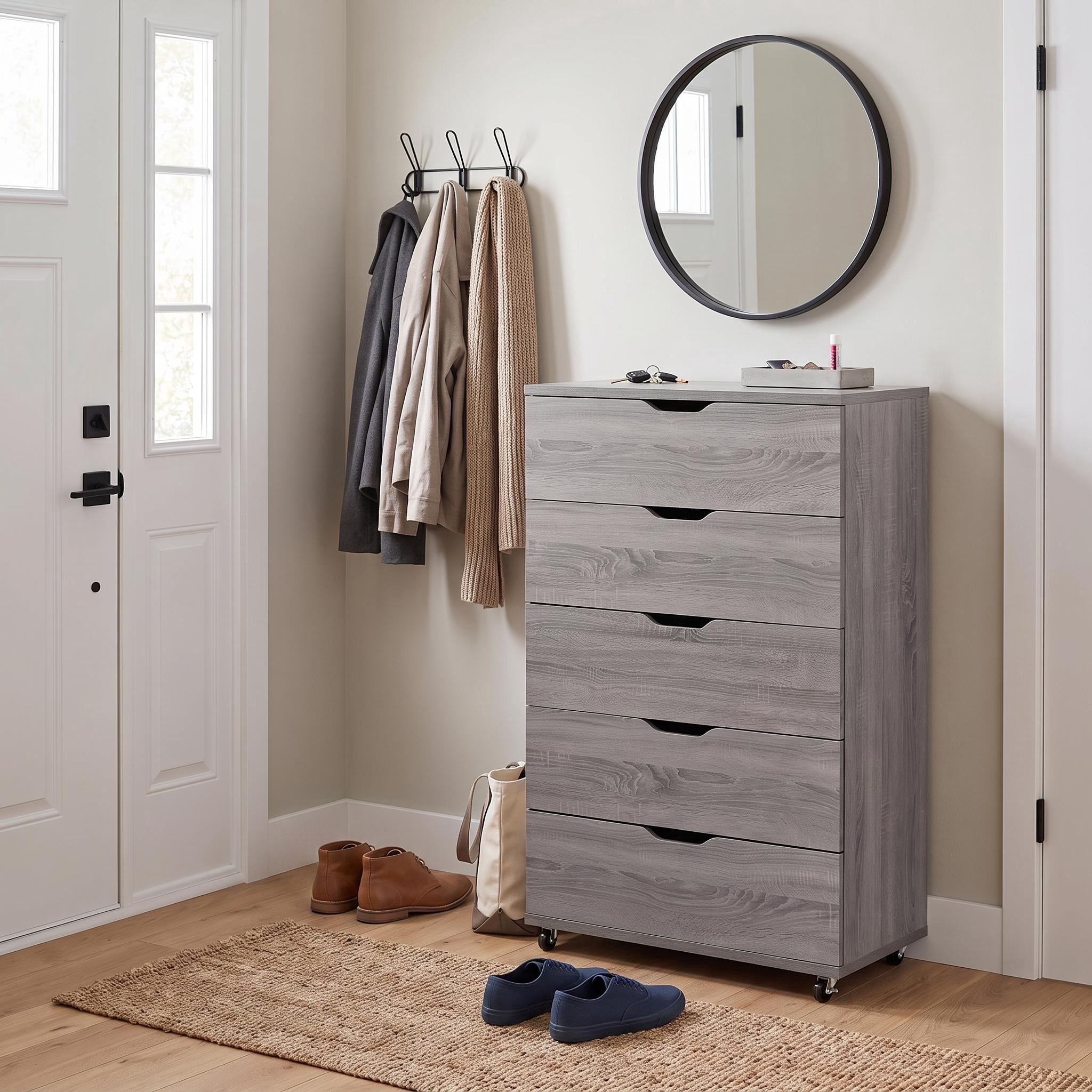 Homy Casa Gray Wood 5 Drawer Dresser Chest with Wheels for Bedroom Closet