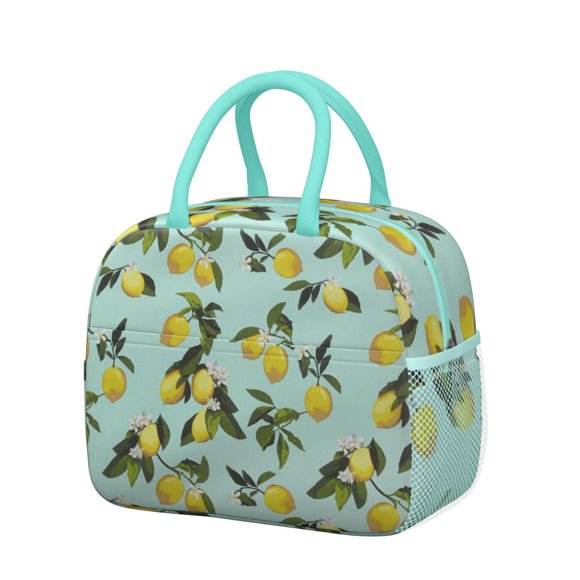 Cute Yellow Lemon Lunch Tote Vintage Floral Fruit Design Portable Insulated Cooler Bag for Daily Use