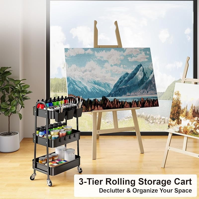 3 Tier Green Metal Rolling Cart with Lockable Wheels and Handle, 3 Tiered Utility Storage Organizer Carts for Teachers, Arts, Craft, Snack, Book, Bedside, Nursery, Cleaning Supplies, Easy Assembly