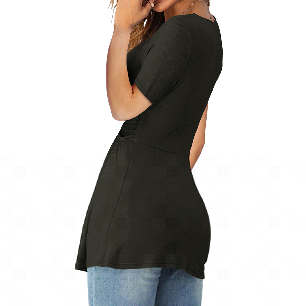 thumbnail image 3 of Langwyqu Women V-Neck Front Knotted Blouse Long Sleeve Casual T-Shirt, 3 of 4