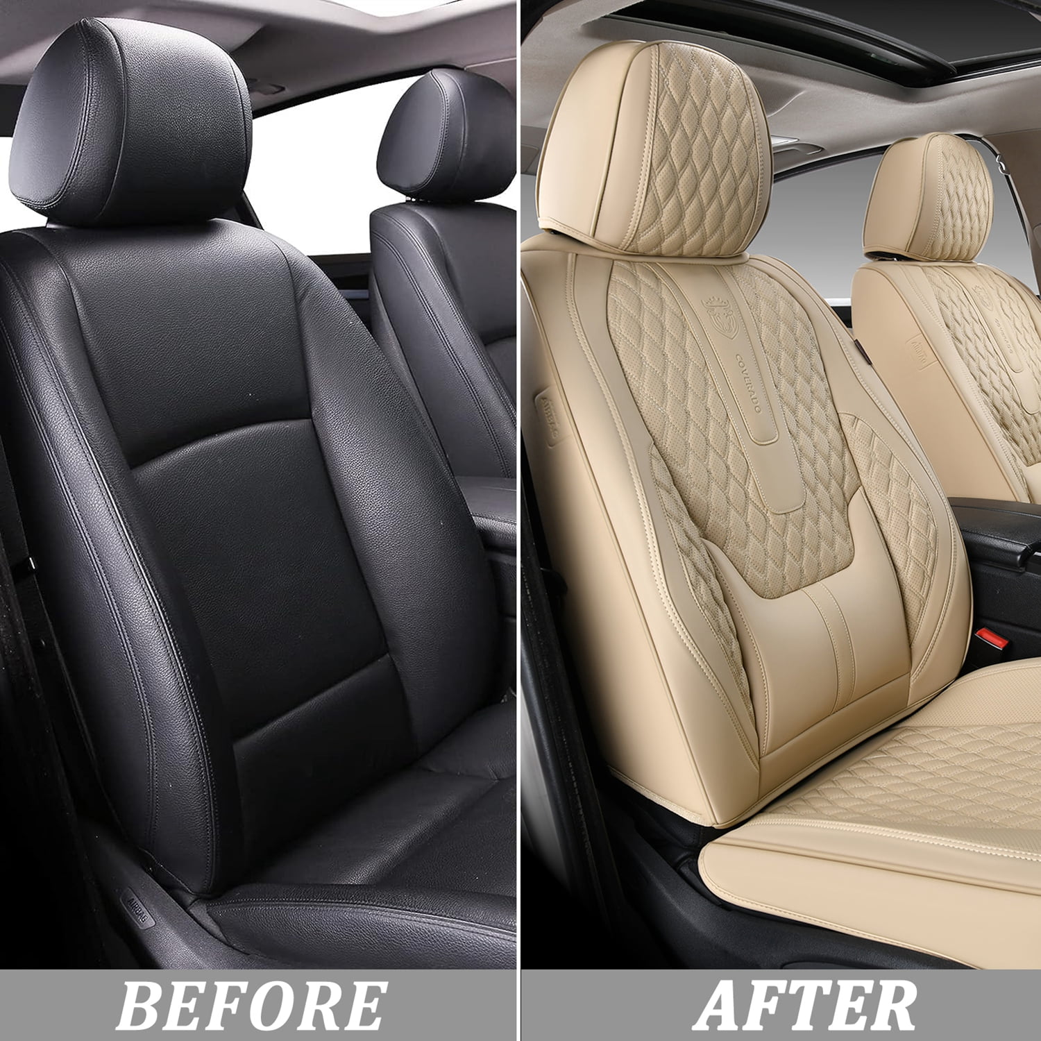 Coverado Beige Car Seat Covers Front, Waterproof Faux Leather Auto Seat Protectors with Lumbar Support, Luxury Automotive Interior Accessories Universal Fit Most Cars SUV Trucks
