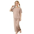 thumbnail image 4 of RUTAYY Girls Summer Outfits Sets Soft Ribbed Round Neck Short Sleeve Long Pants Set Casual Comfortable Loungewear Bohemian Style, Khaki, 18-24 Months, 4 of 6