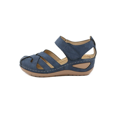 

Daeful Women Sandals Closed Toe Shoes Magic Tape Wedge Sandal Non Slip Criss Cross Wedges Women s Elegant Blue 8.5
