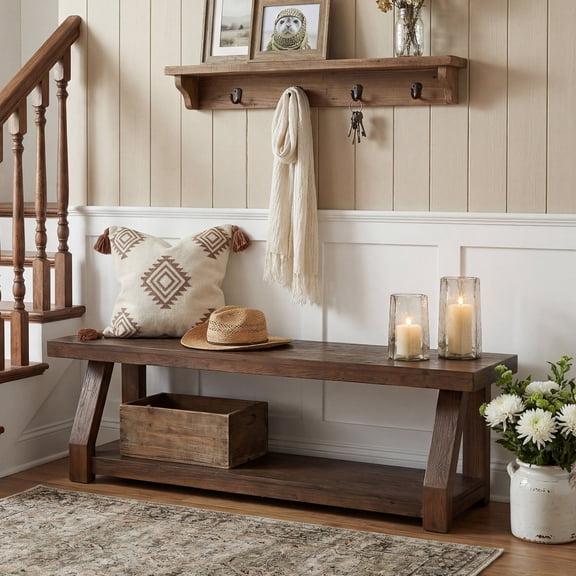 Finmind 63" Solid Wood Entryway Bench, 2-Tier Shoe Storage Bench, Rustic Dark Brown