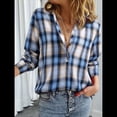 thumbnail image 4 of Camisas A Cuadros con Cuello en V para Mujer, Elegantes, Informales, con Botones, Estilo Bohemio, para el Trabajo, de Larga, para Otoño. Azul L, 4 of 10