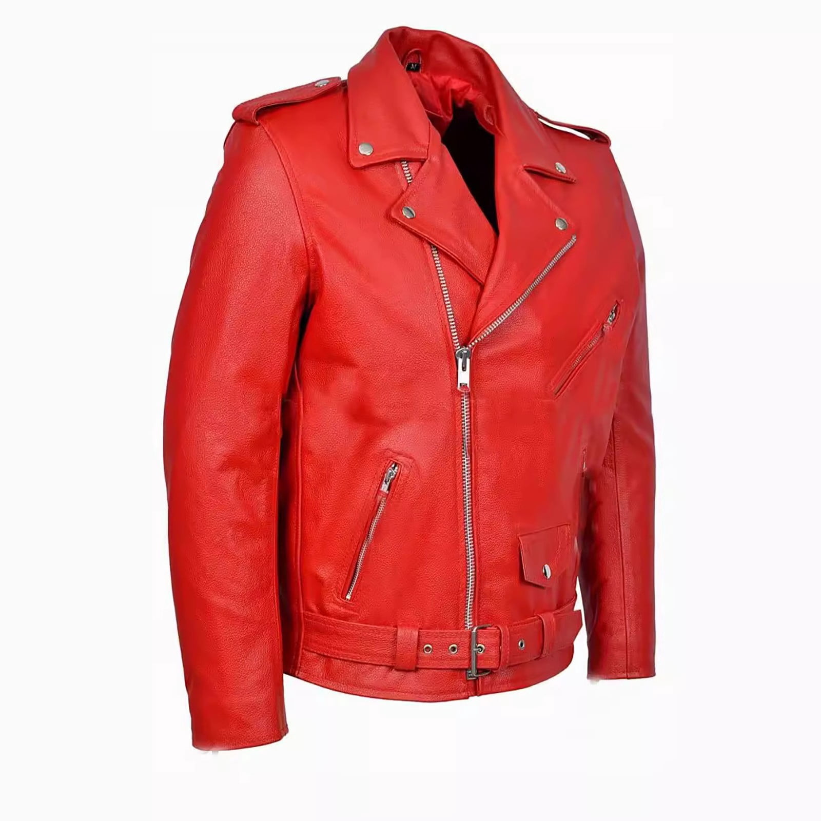 Maoxin Men Leather Jacket Men's Motorcycle Leather Jacket Top With Zipper Plus Size Leather Jackets for men Red 2XL