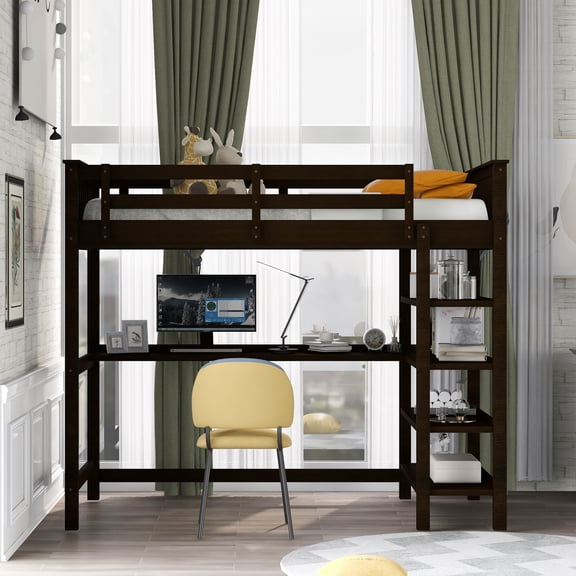 UWR-Nite Twin Size Loft Bed with Under-Bed Desk and Storage Shelves, Rubber Wooden Loft Bed Full for Boys Girls Teens Adults, Space Saving, No Box Spring Needed