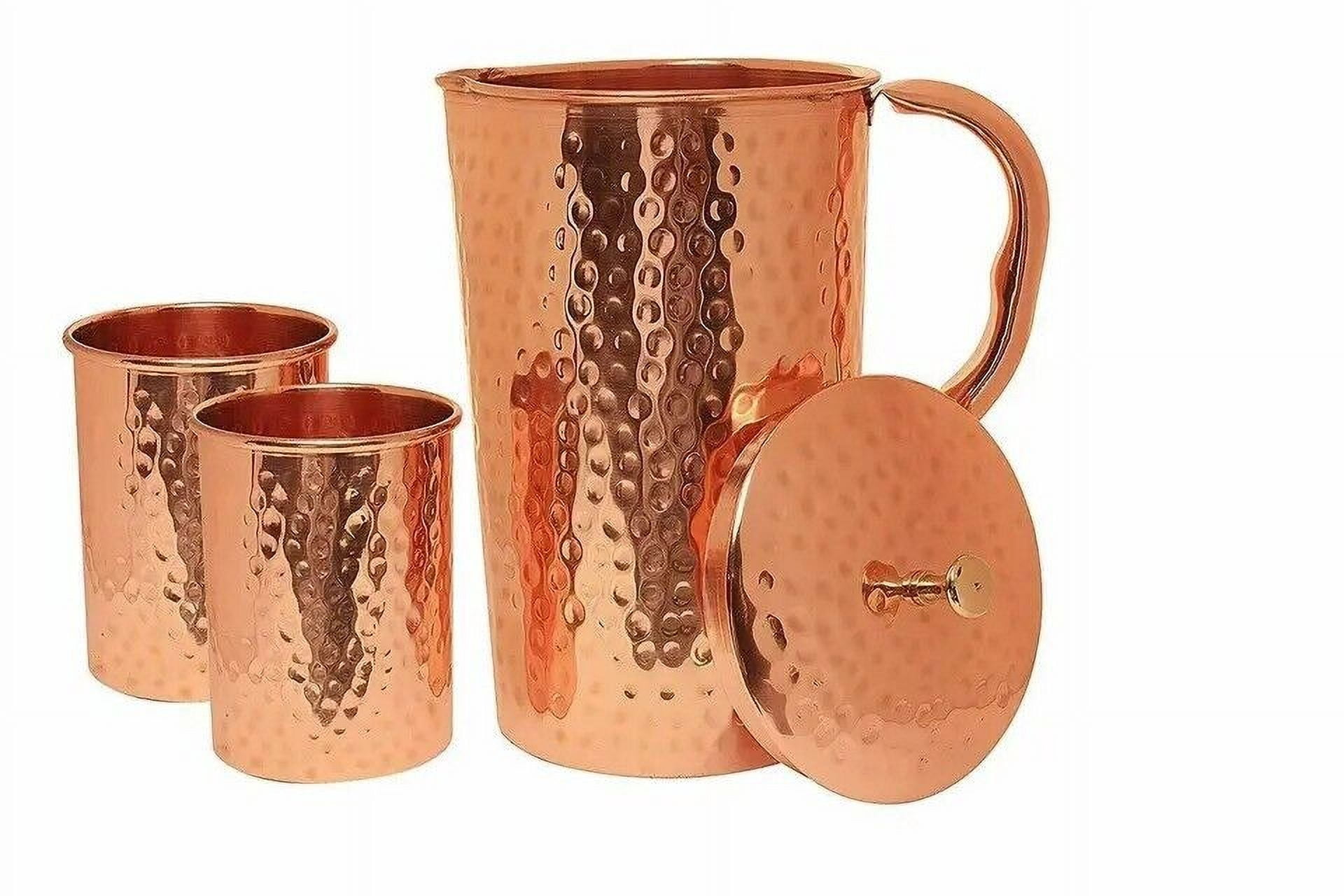 Handcrafted Jug Pitcher with 2 Glass (Tumbler) Drinkware 100% Pure Copper Hammered Health Benefits Yoga (1.5 L, 300 ml)