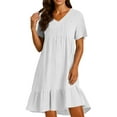 thumbnail image 2 of Sun Dresses for Women Cute Vacation Ruffle Tiered Layered V Neck Cotton Linen 2025 Beach Dresses Short Sleeve Knee Length Western Shirt Dresses White 3XL, 2 of 5