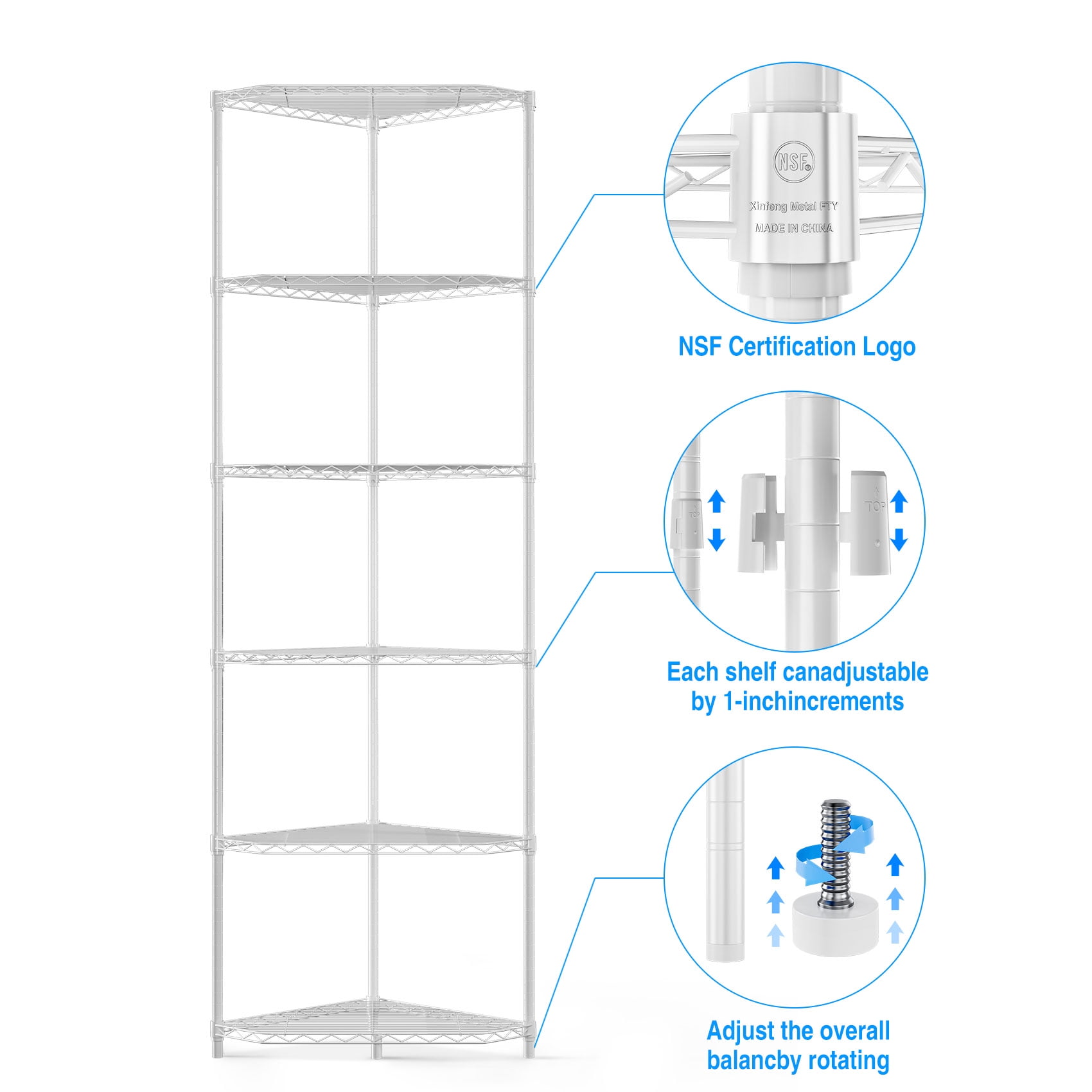 Pouseayar 6 Tier 600lbs Capacity Heavy Duty Corner Wire Shelving Unit, Metal Shelf Pentagonal Corner Storage Rack with Shelf Liners for Kitchen Garage Office, White