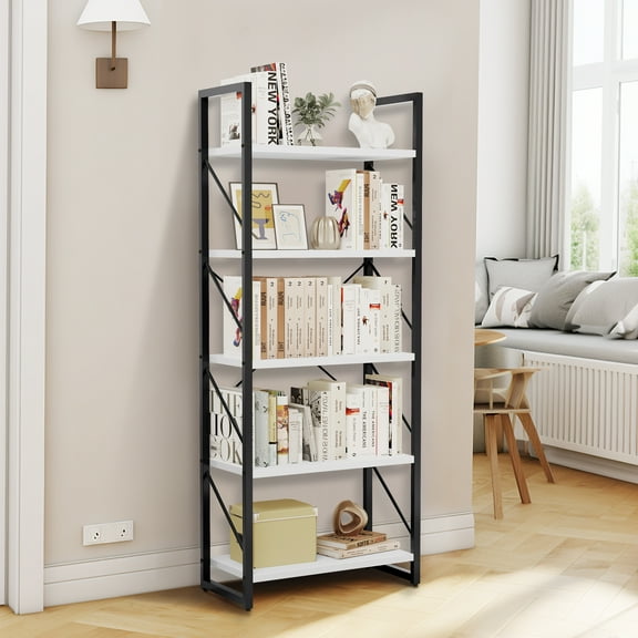 DWVO 5-Tier Bookshelf, Ladder Bookcase, Industrial Freestanding Book Shelf Modern Open Display Storage Organizer Book Shelves for Bedroom, Living Room and Home Office,White