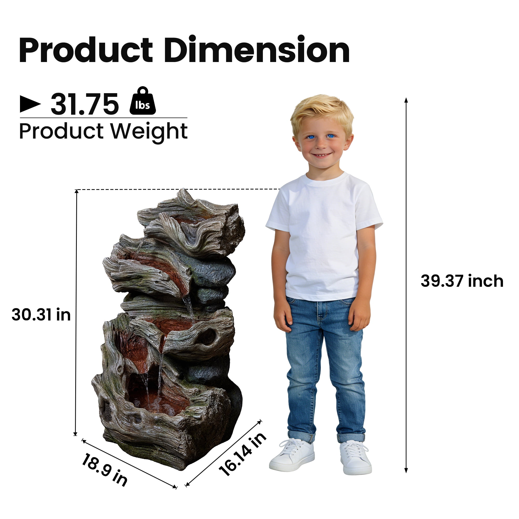 VBAL 30"H Outdoor Freestanding 5-Tier Cascading Rock Resin Water Fountain, Warm LED Light and Pump, Stone Imitation, Outdoor Water Feature for Garden, Patio, Yard, Deck, Porch, Lawn, Gray&White