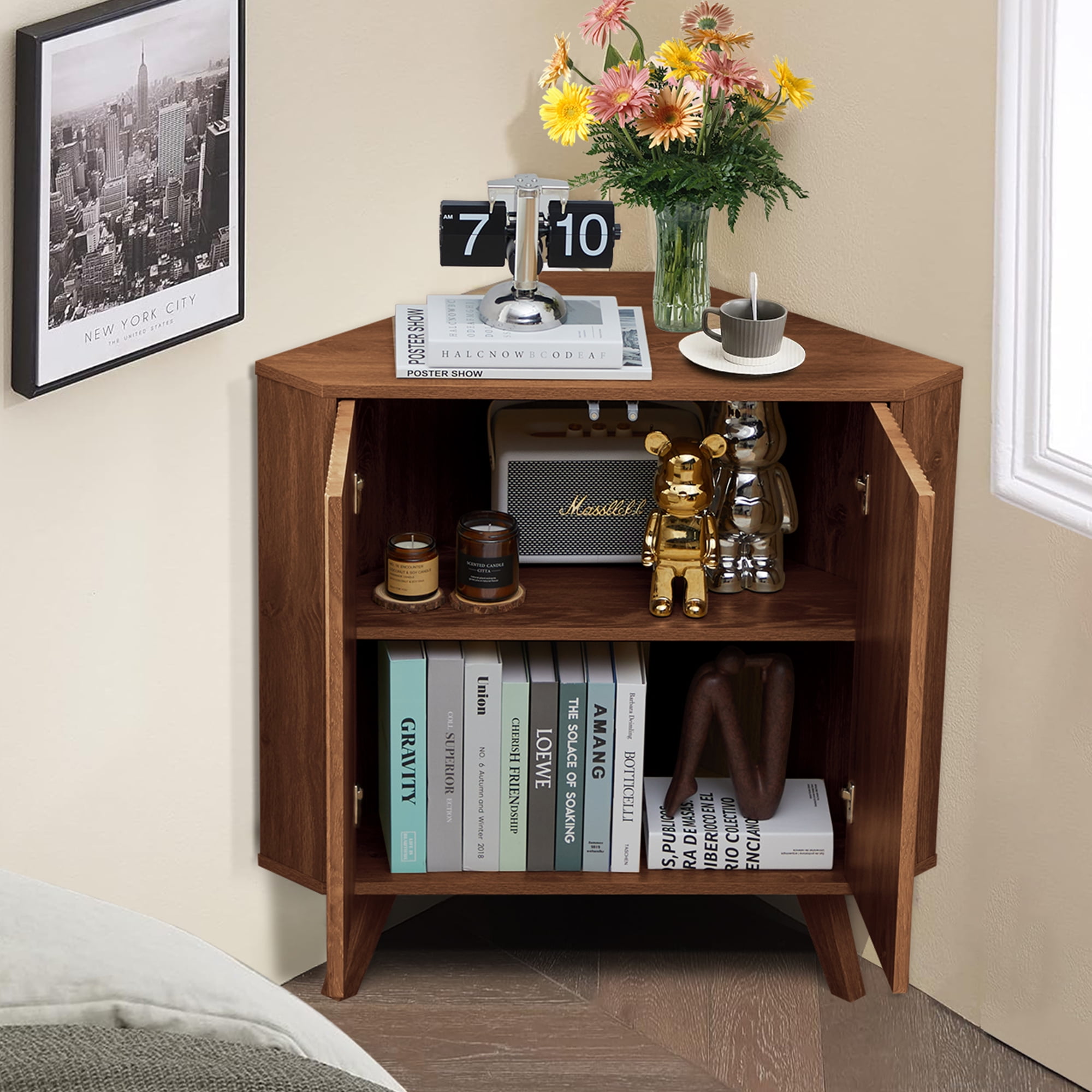 Weselon Triangular Corner Storage Cabinet with 2 Doors for Bathroom, Floor Corner Storage Cabinet, Freestanding Corner Cabinet , Brown