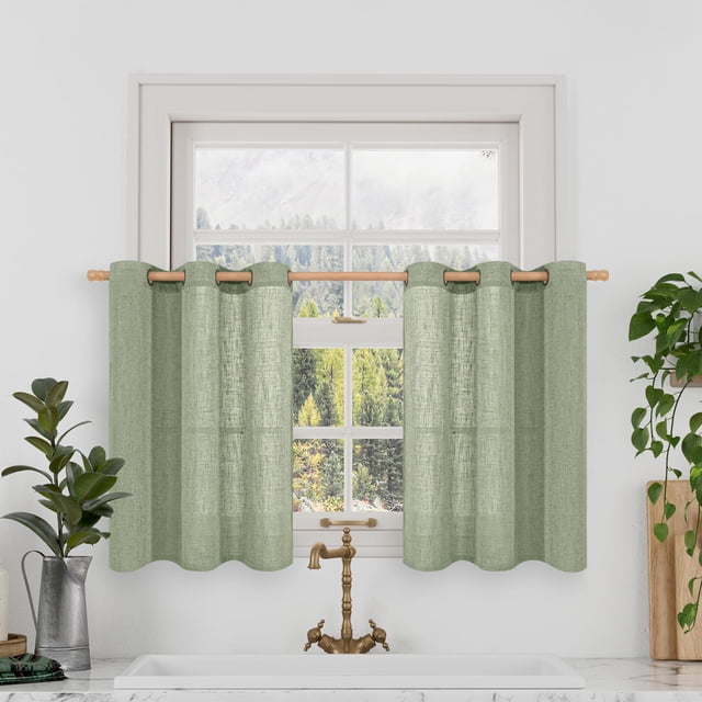 Cortinas de lino LAMIT, color verde salvia, 86 x 76 cm, 2 paneles