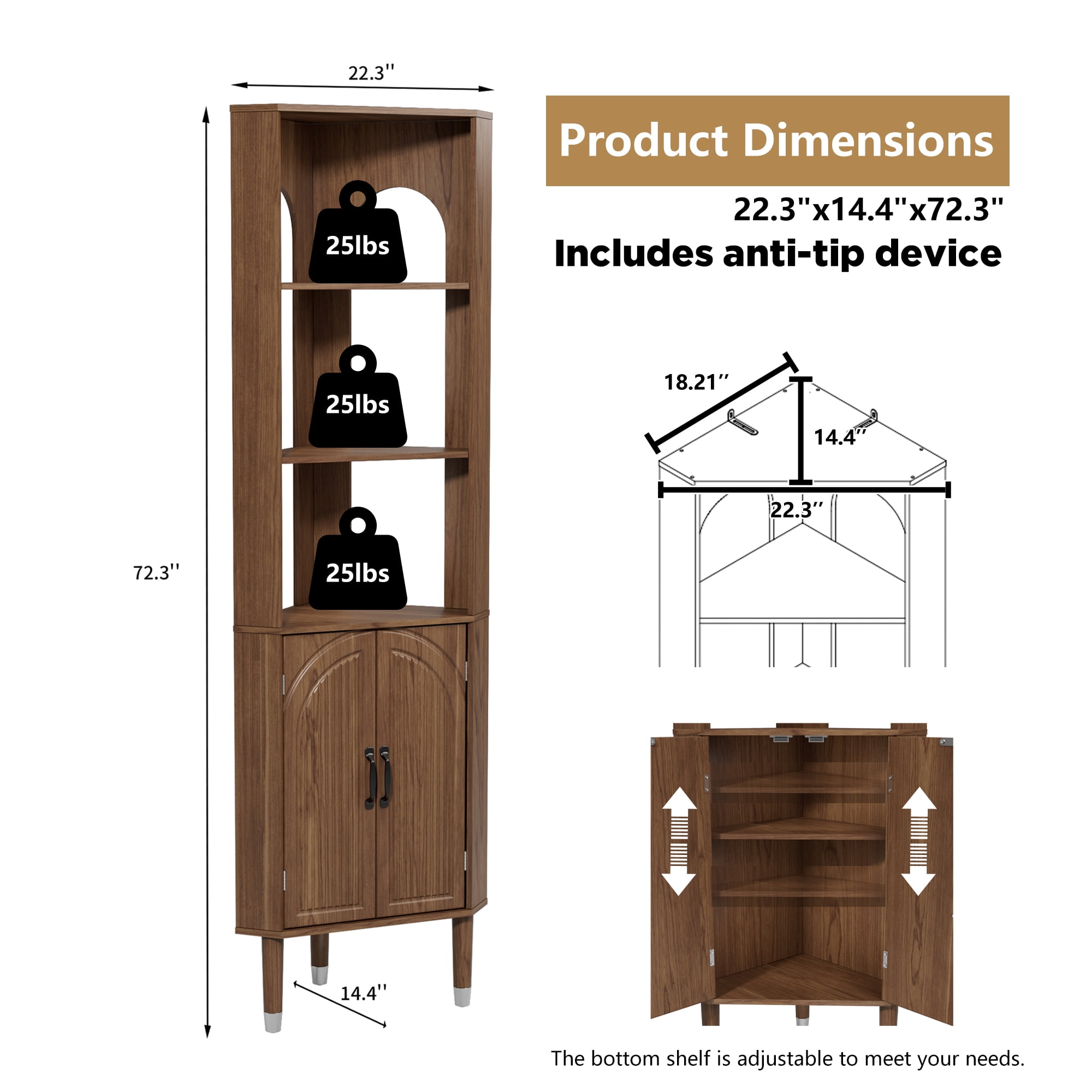 72.3'' Tall Corner Cabinet with Doors & Shelves for Living Room, Bathroom, Kitchen, Walnut