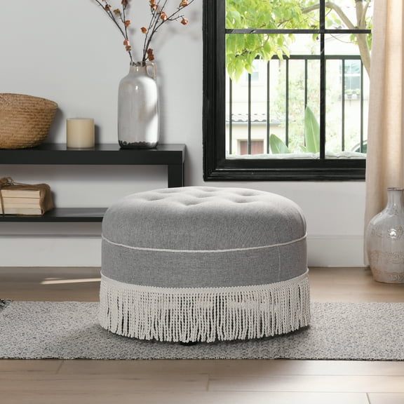 Footrest Ottomans Yolanda 24" Round Upholstered Accent Ottoman(Not Include Sofa), Light Gray Polyester with Ivory Trim,Storage Ottomans