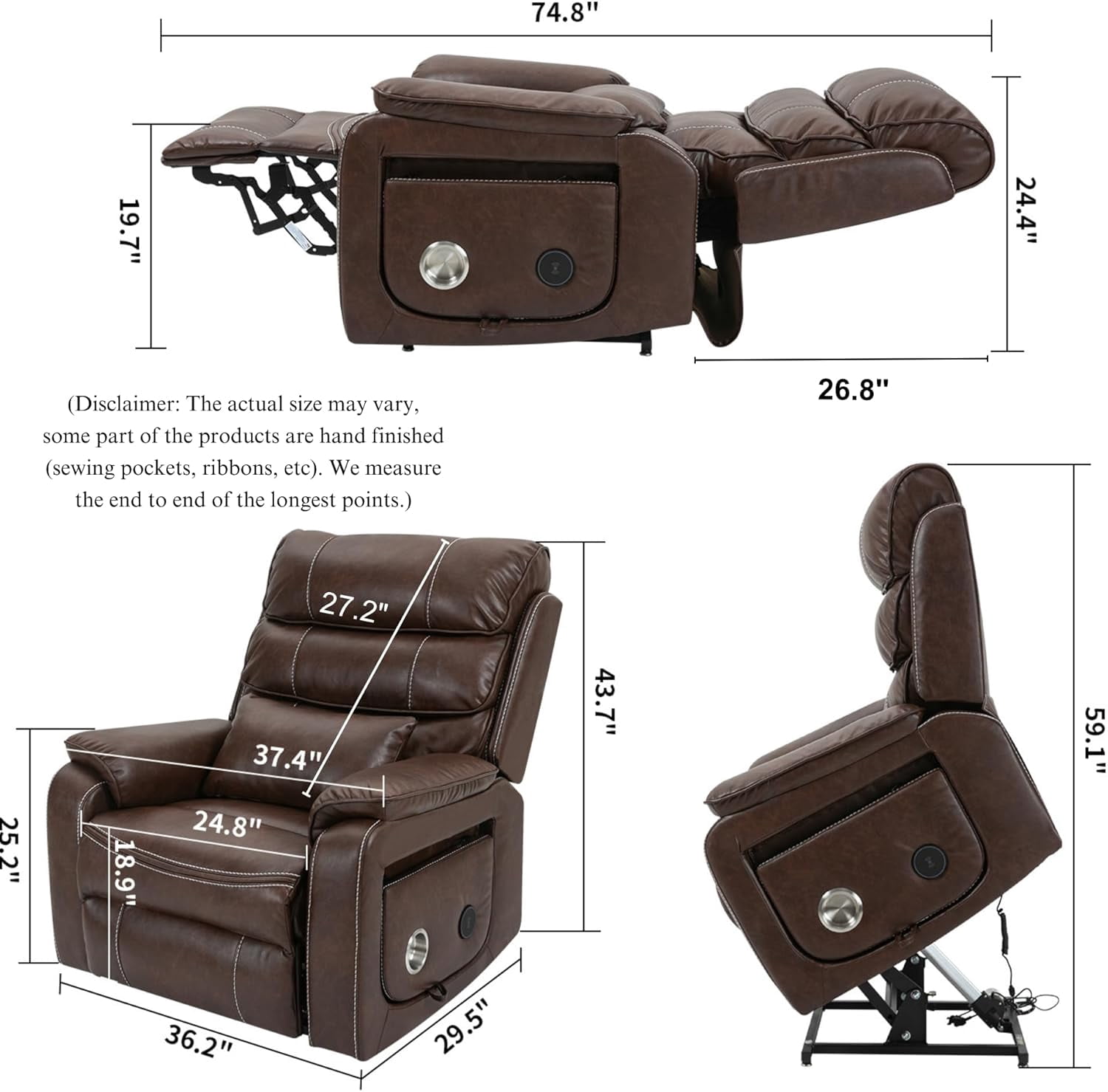 Oversized Power Lift Recliner for Elderly, Infinite Position Lay Flat Lift Chair Sleeping with Heat & Massage Lumbar Pillow & Cup Holders, Dual Motor Big Tall 400 lbs (Brown)