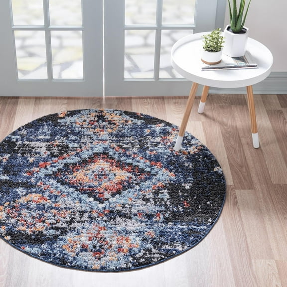 Unique Loom Morocco Collection Area Rug - Mediterranean (7' Round Navy Blue/Black)