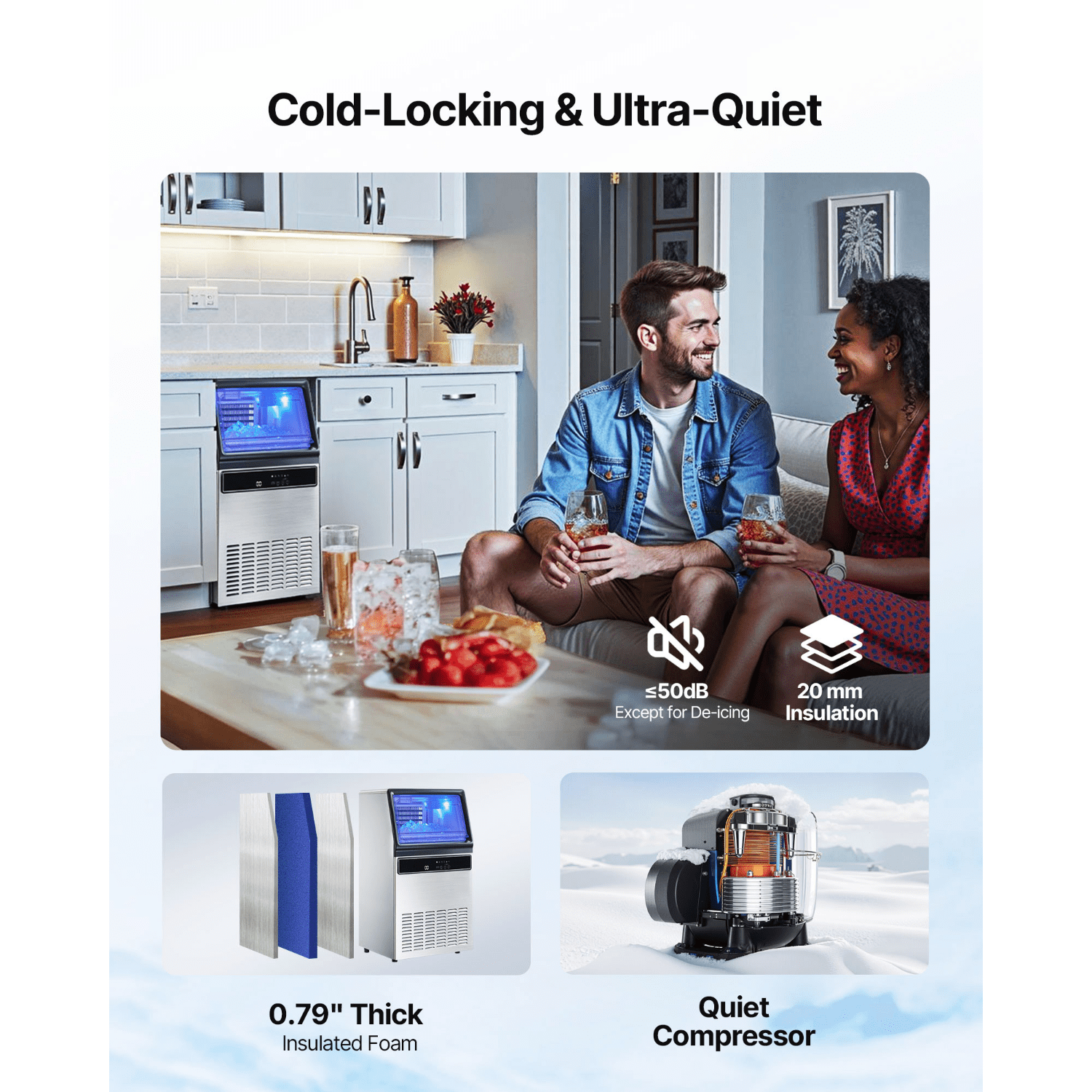 Urday Commercial Ice Maker Machine, 130 lbs/24h High Yield with 33 lbs Storage, 45 Clear Cubes per Cycle, Stainless Steel Under Counter & Freestanding Ice Machine for Home, Bar, Cafe, Restaurant