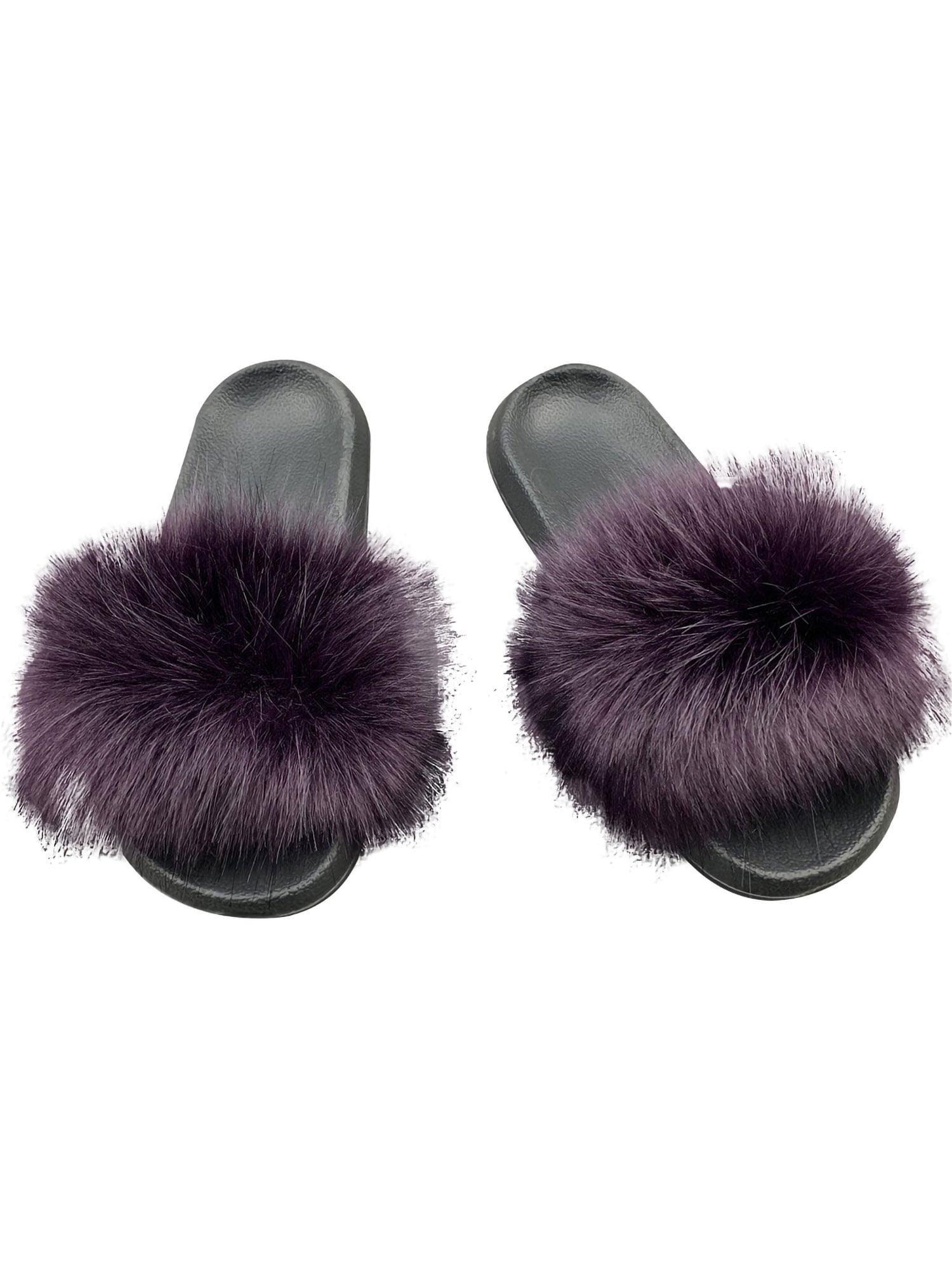 black fluffy sandals