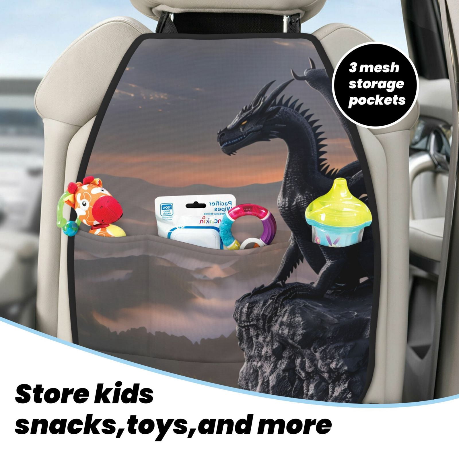 Kdxio Black Dragon Cliff Dawn Print 2 Pack Car Kick Mat Seat Cover Back Protector Mat with Pockets for Organizer Backseat Protector and Storage Anti Kick Pad for Vehicles